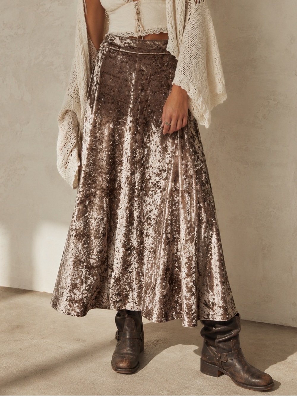 ESQUALO Crushed Velvet Midi Skirt Champagne Taupe A-Line Flare Size Small